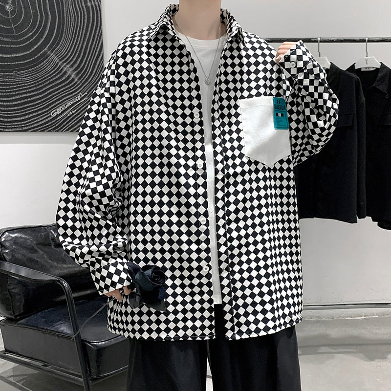 Black and White Check Oversized Long Sleeve Shirt - Rhombic