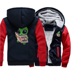 Alien reading a book Warm Two-tone Hoodies - Black-Red / M