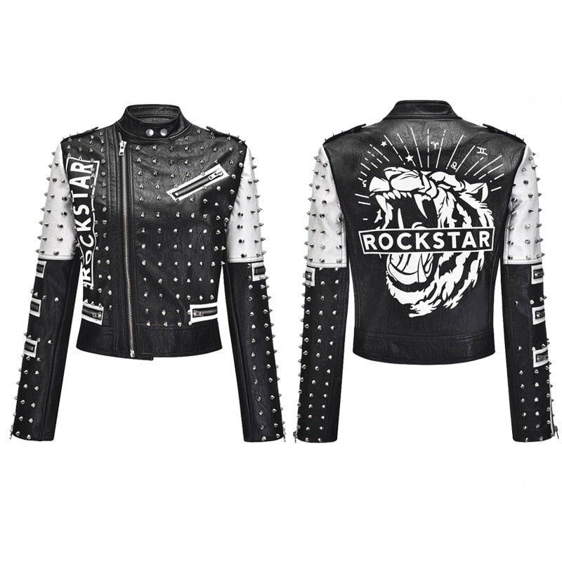 Rocker With Studded and Patches Jackets - Black-White / S