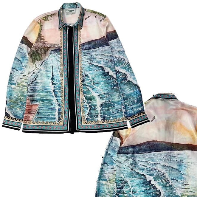 Multi Color Graphics Long Sleeve Silk - Blue Sea / S - Shirt