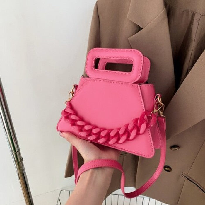 Chunky Chain Faux Leather Crossbody Bag - Pink /