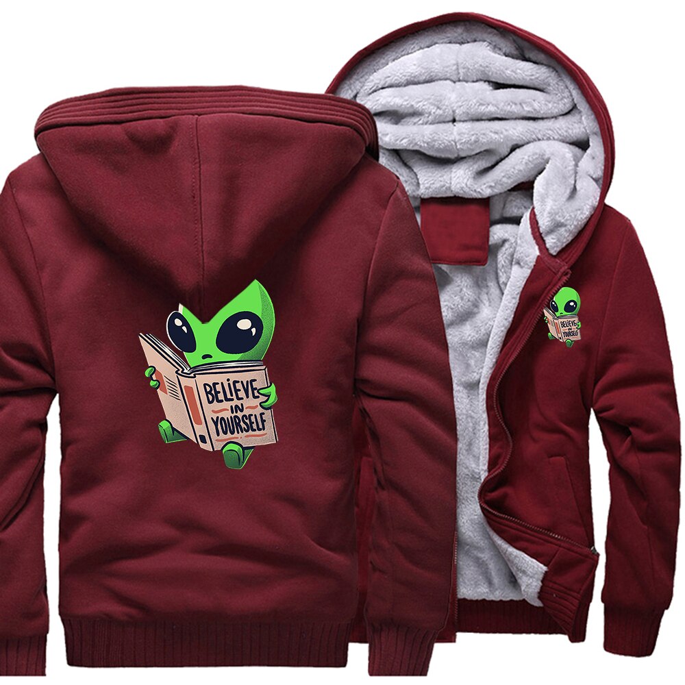 Alien reading a book Warm Two-tone Hoodies - Wine-Red / M