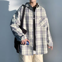 Thumbnail for Long Sleeve Oversized Corduroy Shirt - Grey Plaid / M -
