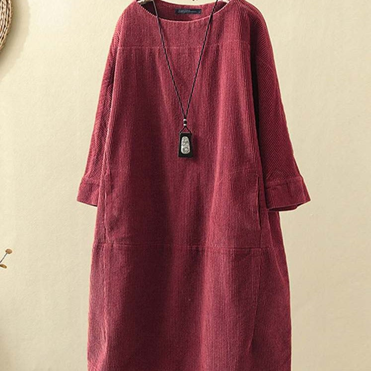 Solid Color Corduroy Kaftan Long Sleeve Dress - Red / M