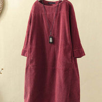 Thumbnail for Solid Color Corduroy Kaftan Long Sleeve Dress - Red / M