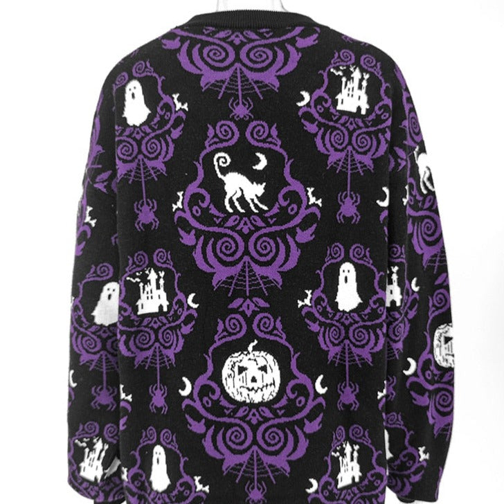 Purple Halloween Round Neck Oversize Knitted Sweater - One