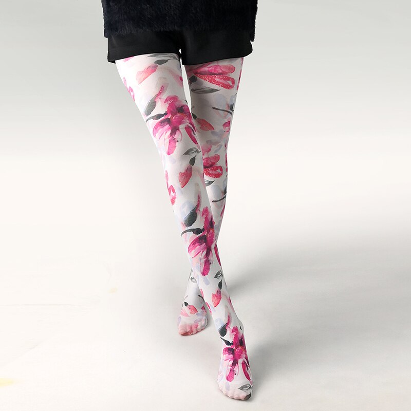 Multiple Designe Print Tights - White - Pink Flowers / One