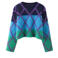 Thumbnail for Striped Diamonds Knitted Sweater - Blue / M