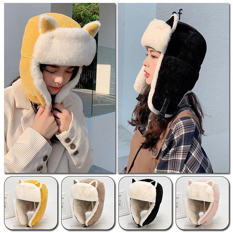Warm Cat Ears Faux Fur Bomber Hat