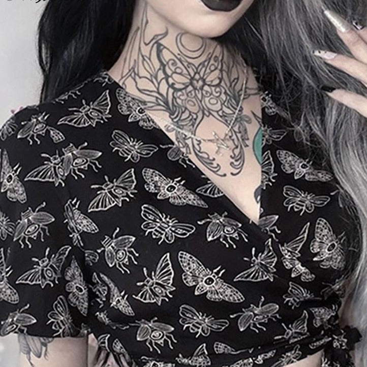 Gothic Dark Punk Beetle Print Short blouse - black / S -
