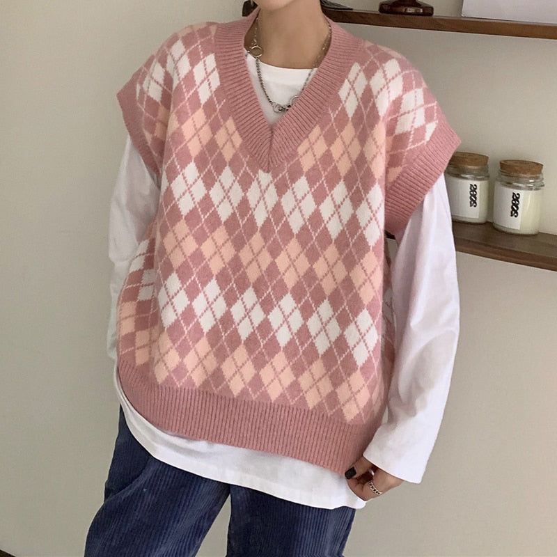 Pink Checkered Pattern Oversize Knitted Vest - pink vest /