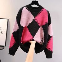 Thumbnail for Plaid Loose Vintage Round Neck Knitted Sweater