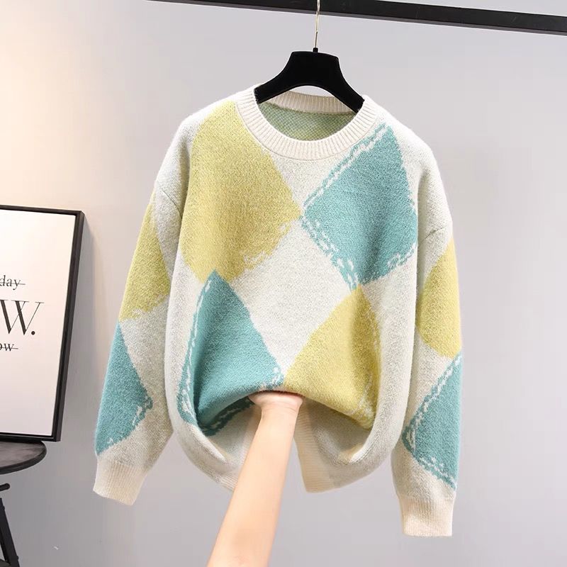 Plaid Loose Vintage Round Neck Knitted Sweater - Yellow /