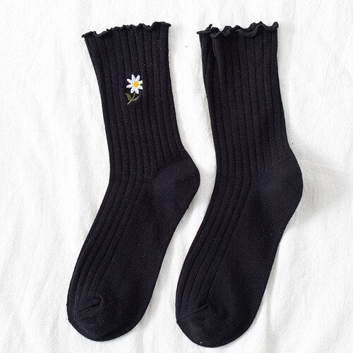 Cute Daisy Flower Socks - Black / One Size