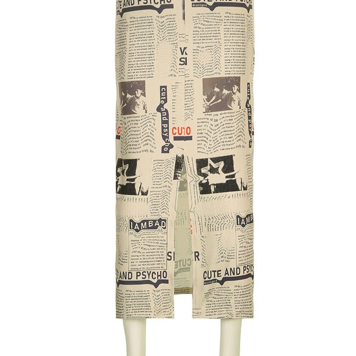 Newspaper Vintage Letter Print High Waist Long Skirt