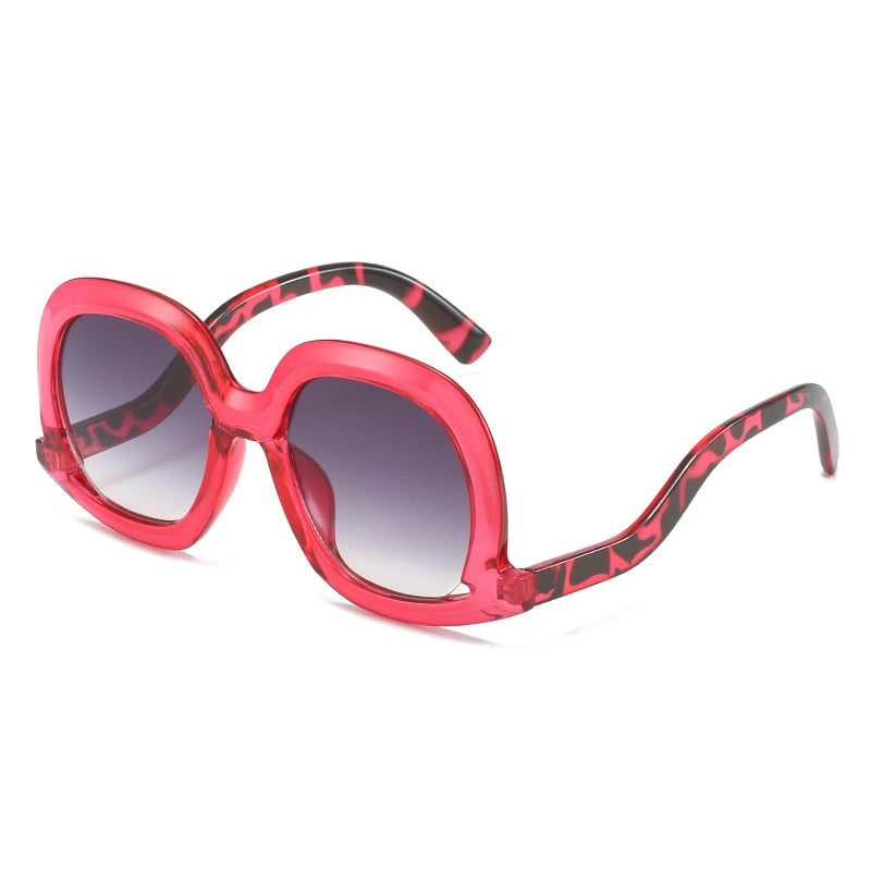 Hollow Oval Gradient Sunglasses - Red-Leopard-Grey / One