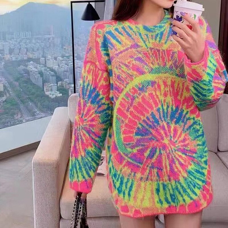 Tie Dye Oversized Knitted Sweater - Fluorescent Pink / One