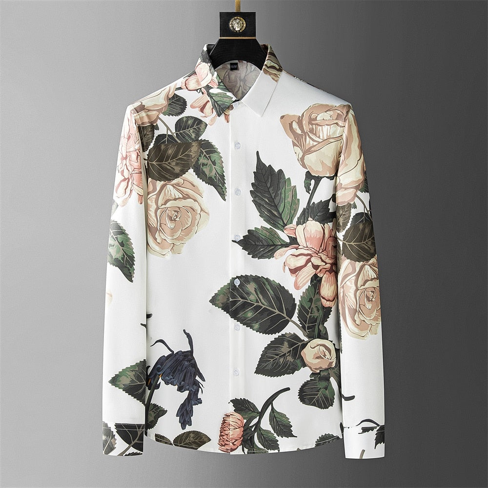 Floral Print Long Sleeve Shirt - White / M - Shirts