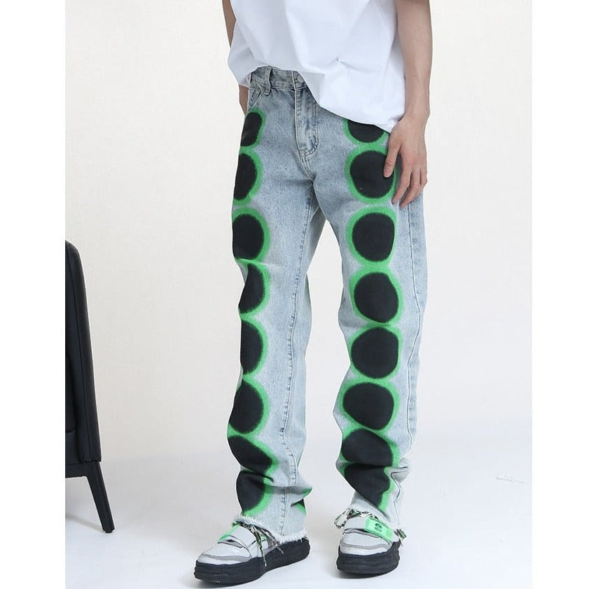 Black And Neon Dots Baggy Jeans - Straige Pants