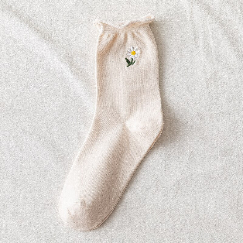 Solid Color Little Flower Socks - White A / One Size