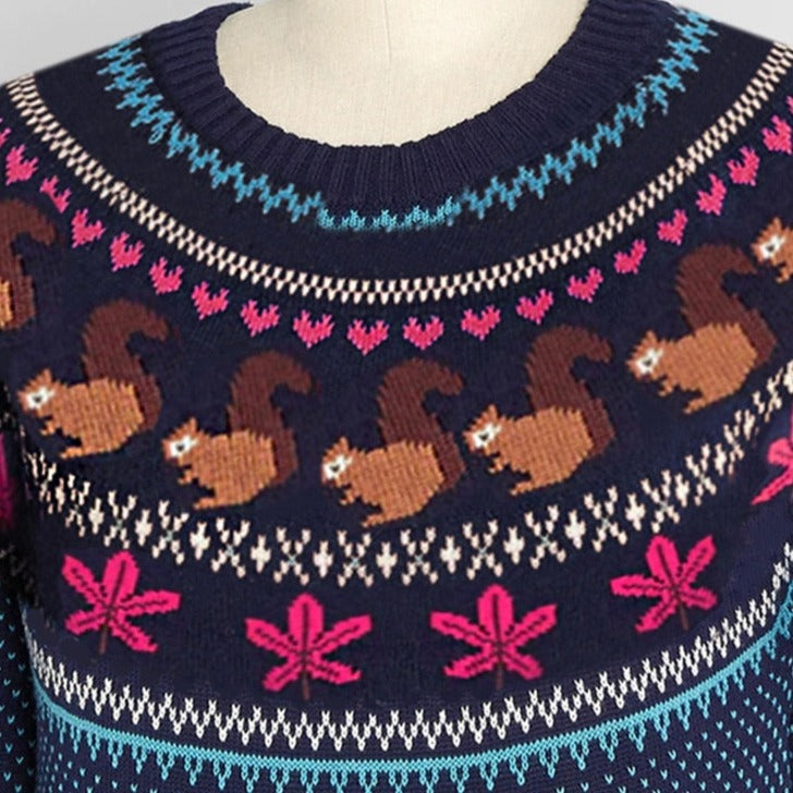 Squirrel Knitted Sweater - Navy Blue / One Size