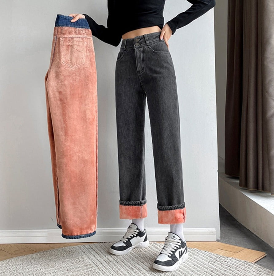 High Waist Thick Velvet Jeans - Pants