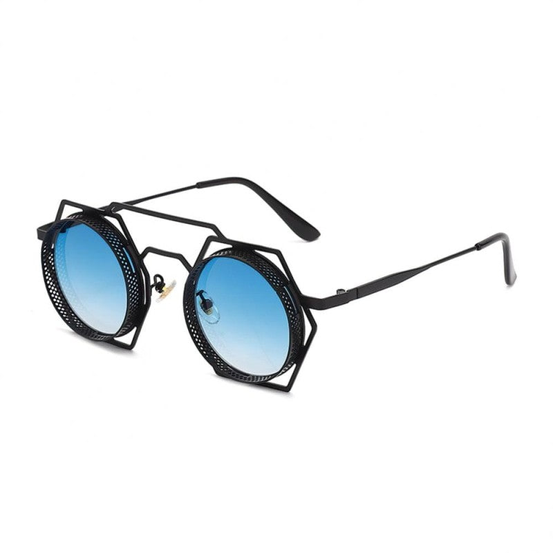 Round Sunglasses With Polygonal Base - Black-Blue / One Size