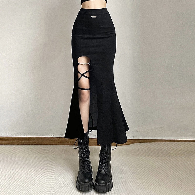 Black Gothic Punk Slit Skirts - Black-Open / S