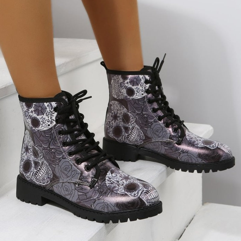 Butterfly And Skull Metallic Colors Short Boots - Gray / 35
