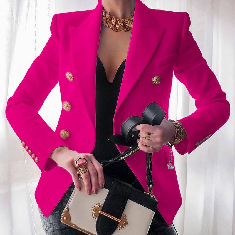 Elegant Gold Button Long Sleeve Blazer - Neon Pink / S