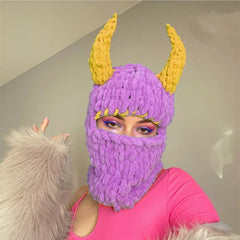Devil’s Horn Knit Balaclava - Pink / One Size