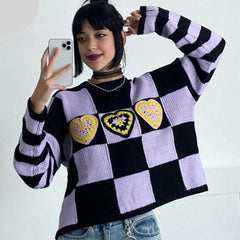 Checkerboard And Hearts Knit Sweater