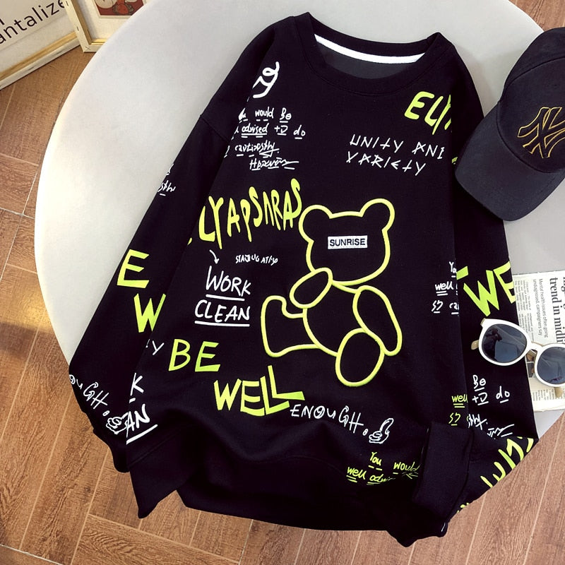 Be Well Cute Bear Embroidery Loose Sweatshirt - Black / M -