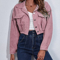 Thumbnail for Solid Color Corduroy Cropped Jacket - Pink / S
