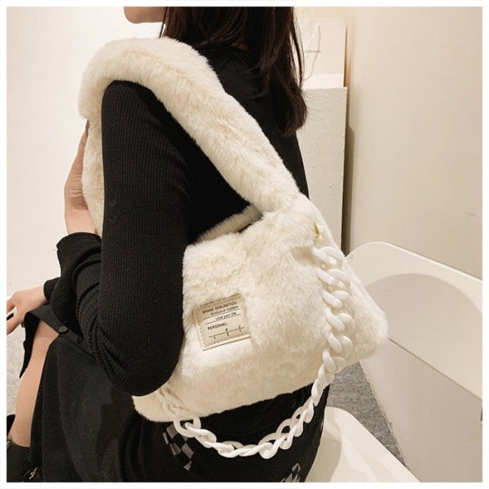 Faux fur Plush Chain Shoulder Handbag - Hand Bag