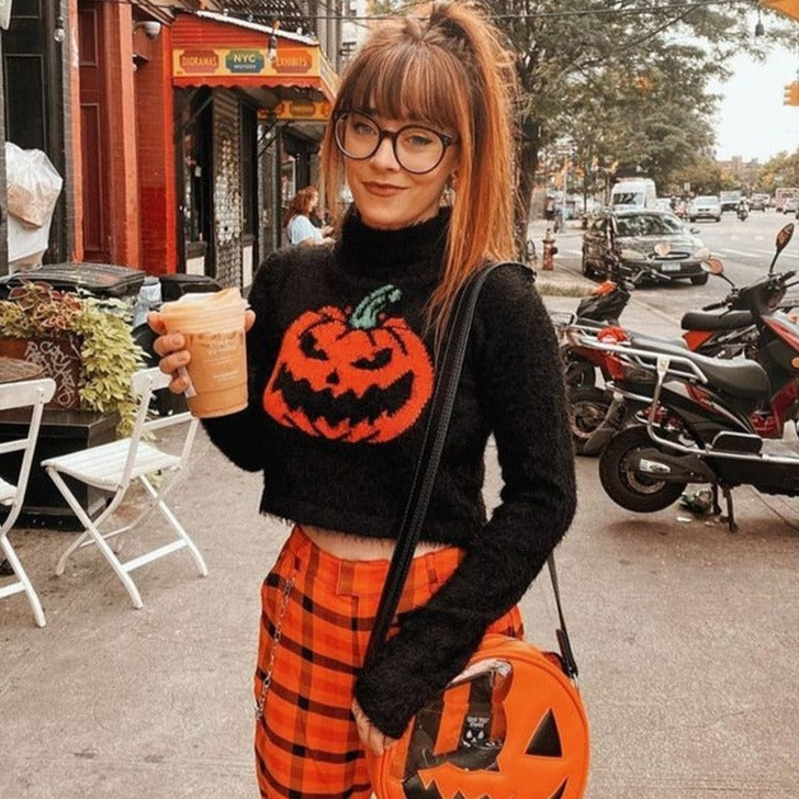 Pumpkin Turtleneck Short Sweater - Black / One Size
