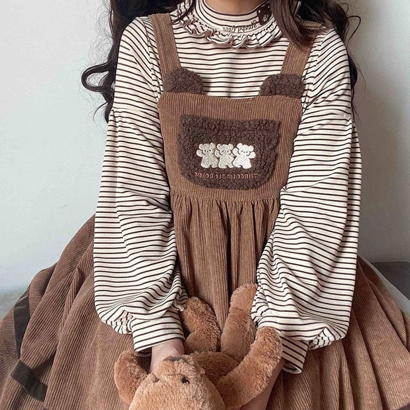 Sweet Bear Embroidery Corduroy Dress