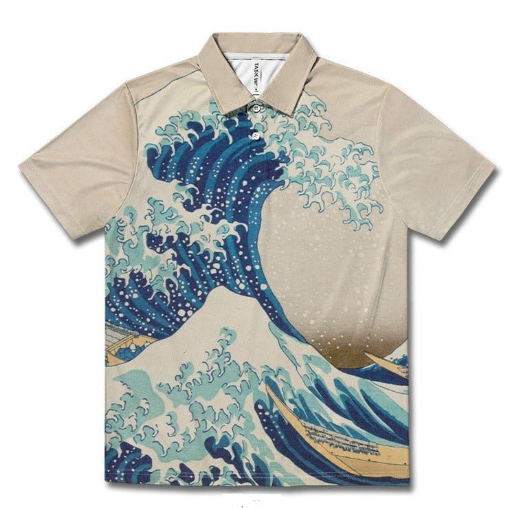 Retro Ocean Wave Printing Casual Shirt - Beige / Blue / XS -