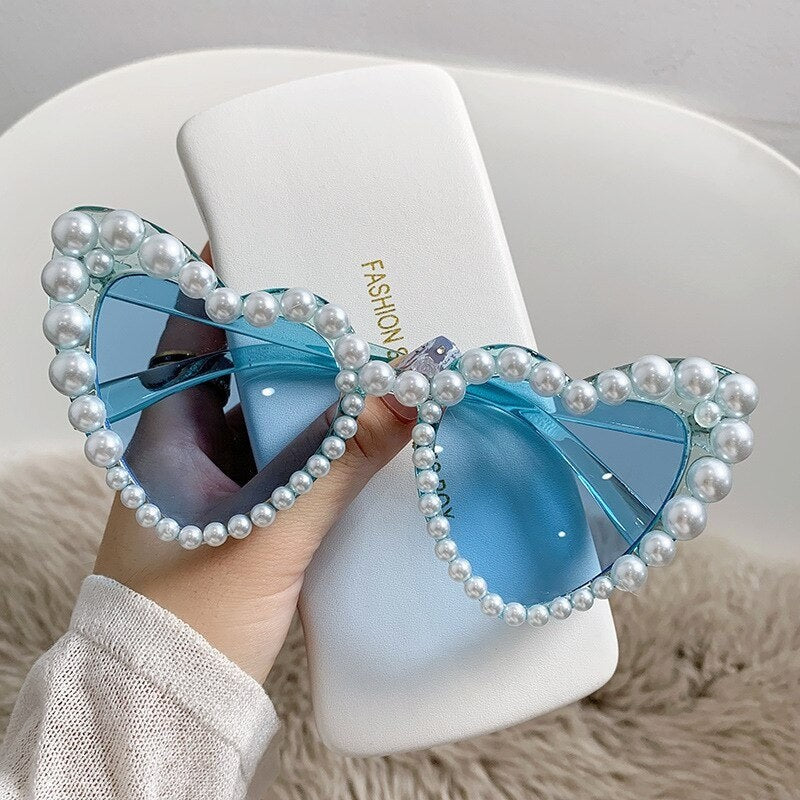 Heart Frame Imitation Pearl Diamond Design Glasses - Blue /
