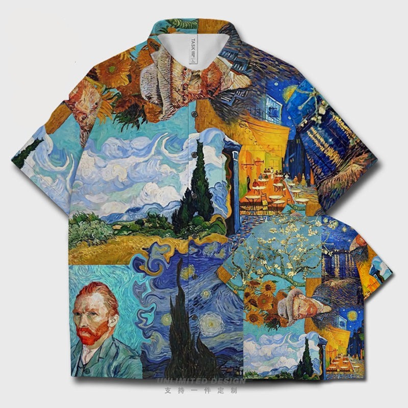 Starry Night Mosaic Paintings Short Sleeve Shirt - Blue /