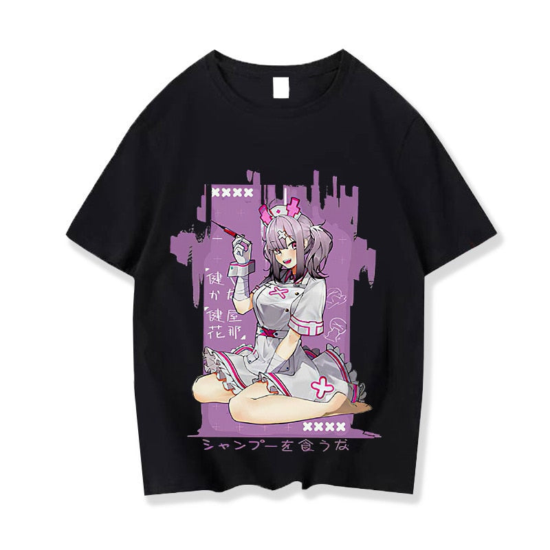 Loose Nurse Anime Purple Background T-shirts - Black / XS -