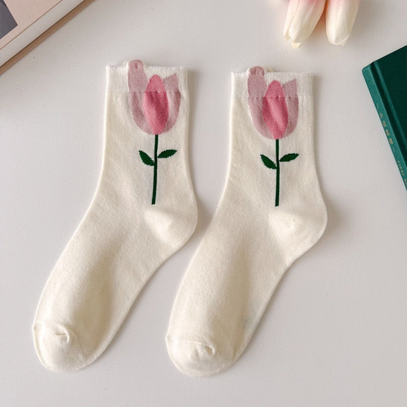 Lovely Tulips Three-Dimensional Flowers Socks - White A /
