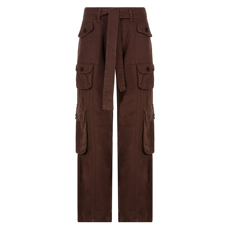 Solid Color Multi Pocket Cargo Pants - Brown / S
