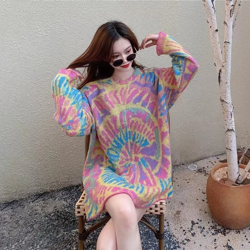 Tie Dye Oversized Knitted Sweater - Deep Pink / One Size
