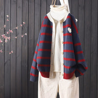 Thumbnail for Heart and Stripes Round Neck Knitted Cardigan