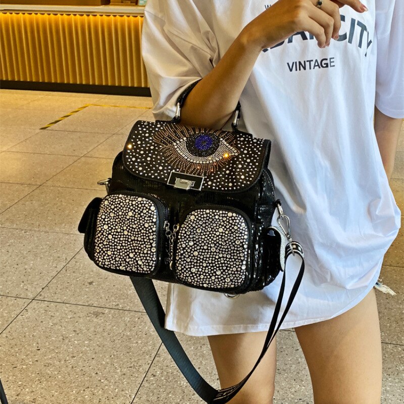 Shiny Rhinestone Evil Eye Multi-pocket Backpack