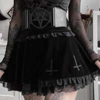 Thumbnail for Dark Black Velvet High Waisted Lace Mini Skirt
