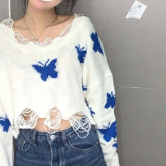 Blue Butterfly Knitted Crop Top Sweater - sweater