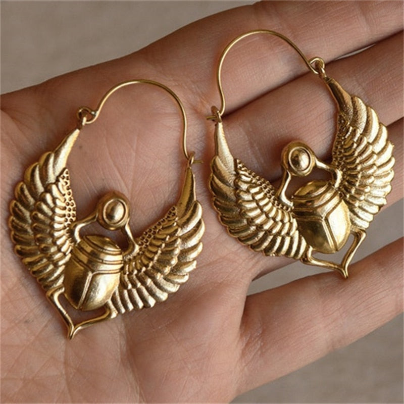 Vintage Egyptian Inspired Designs Large Hoop Earrings - Gold