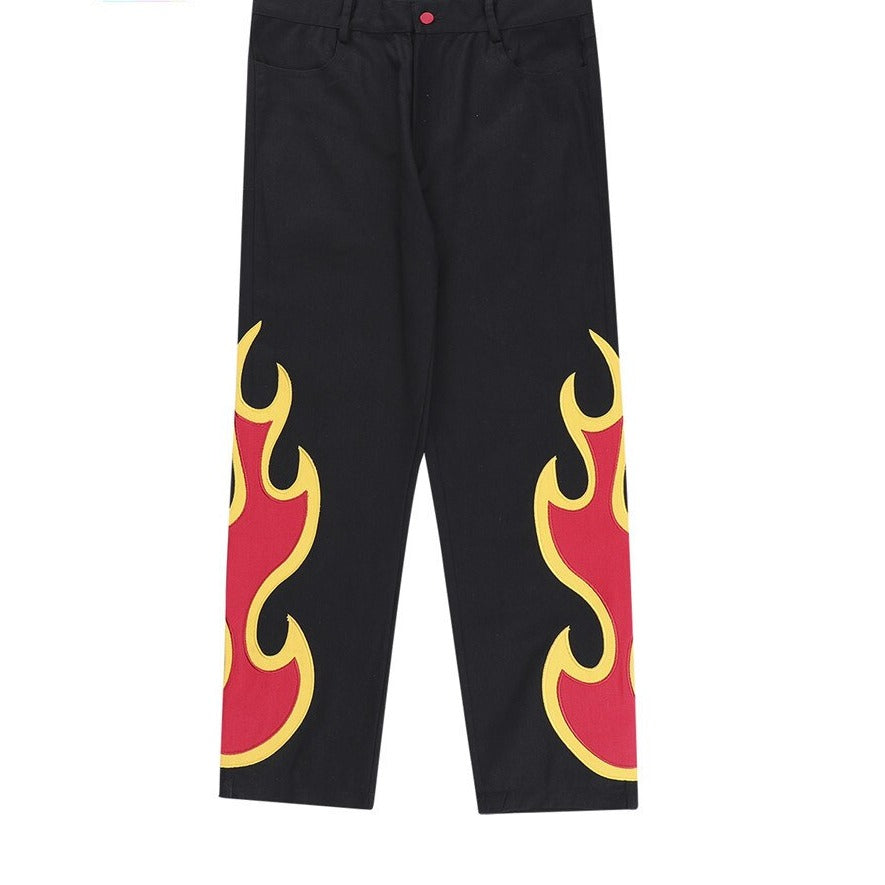 Embroidery Flame Baggy Jeans - Denim Pant